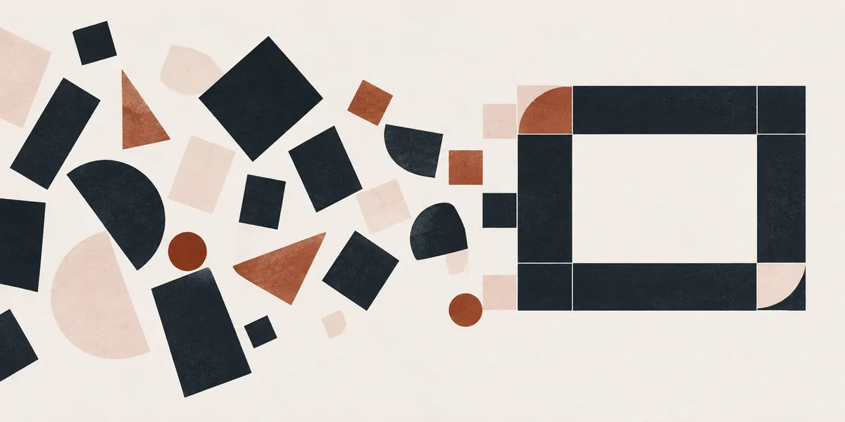 Cream, navy, and coral geometric tiles arranged from a loose cluster into a navy frame.