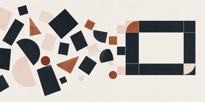 Cream, navy, and coral geometric tiles arranged from a loose cluster into a navy frame.