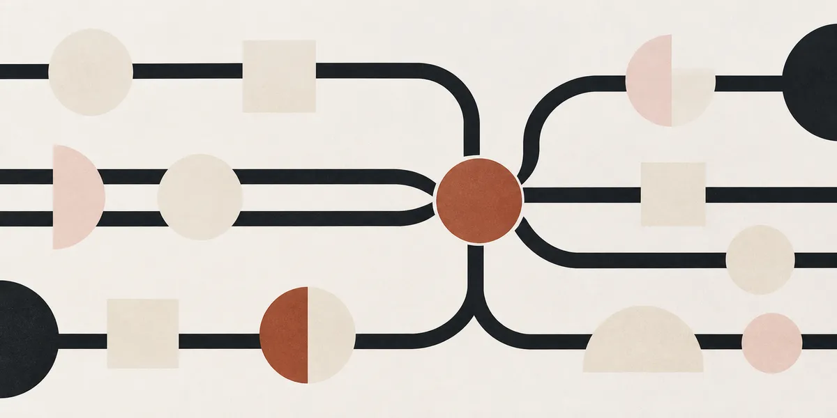 Cream geometric modules on parallel navy lines joined by a coral circle within a grid.