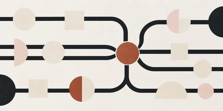 Cream geometric modules on parallel navy lines joined by a coral circle within a grid.